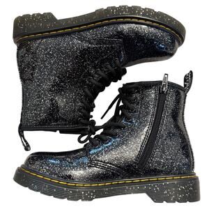 Dr. Martens Girls Combat Boots Sz 2 Black Sparkle Cosmic Glitter Doc 1460 J